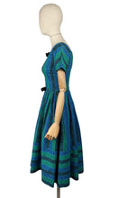 Load image into Gallery viewer, Original 1950's Teena Paige Black, Blue and Green Stripe Cotton Day Dress with Velvet Bow Trim - Bust 34 *
