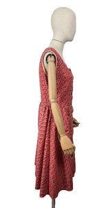 Original 1940's 1950's Dark Coral Pink Cotton Chore Dress with Black Print - Bust 37 38