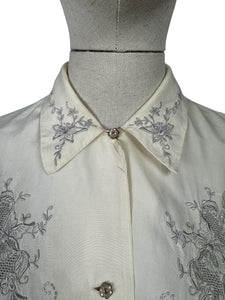 Original 1940's 1950's Cream and Grey Pure Silk Hand Embroidered Blouse - Bust 36 *