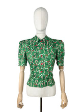 Load image into Gallery viewer, 1940&#39;s Reproduction Christmas Blouse In Green, White and Red Michael Miller Cotton &#39;Corny Cane&#39; - Bust 34&quot; 36&quot;
