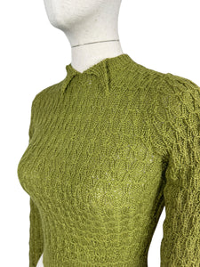 Reproduction 1930's Hand Knitted Long Sleeved Jumper in Lily Pad Green - Bust 32 34