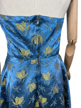 Load image into Gallery viewer, Original 1950&#39;s Blue and Gold Halterneck Cocktail Dress - Bust 36 37 *
