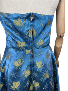 Original 1950's Blue and Gold Halterneck Cocktail Dress - Bust 36 37 *