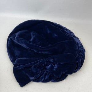 Original 1940's Blue Velvet Beret Hat with Large Bow Trim by Jacoll