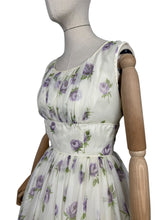 Load image into Gallery viewer, Original 1950&#39;s Cream, Purple and Green Nylon Full Skirted Dress - Bust
