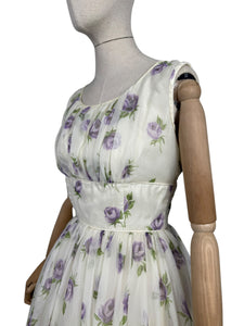 Original 1950's Cream, Purple and Green Nylon Full Skirted Dress - Bust