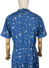 Load image into Gallery viewer, Original 1950's Blue Silk Wiggle Dress with Floral Print in White and Black - Bust 36 *
