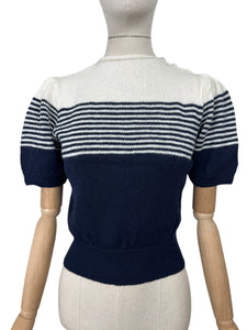 Reproduction 1940's Striped Jumper in Midnight Blue and White with Full Puff Sleeves - Bust 34 36