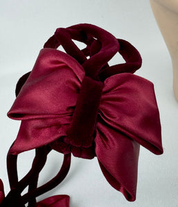 Original 1950's Burgundy Velvet Half Hat with Double Satin Bow Trim - Great Cocktail Hat