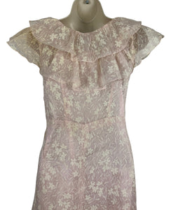 Original 1930's Pale Pink and White Full Length Evening Dress with Ruffle Trim - Bust 32