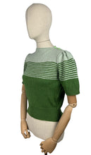 Load image into Gallery viewer, Reproduction 1940&#39;s Striped Jumper in Turtle Green and Pale Sage Green Pure Wool with Full Puff Sleeves - Bust 34 36
