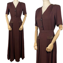 Load image into Gallery viewer, Original 1940&#39;s Chocolate Brown Crepe Full Length Belted Evening Dress with Bead and Sequin Trim - Bust 34&quot; 35&quot;
