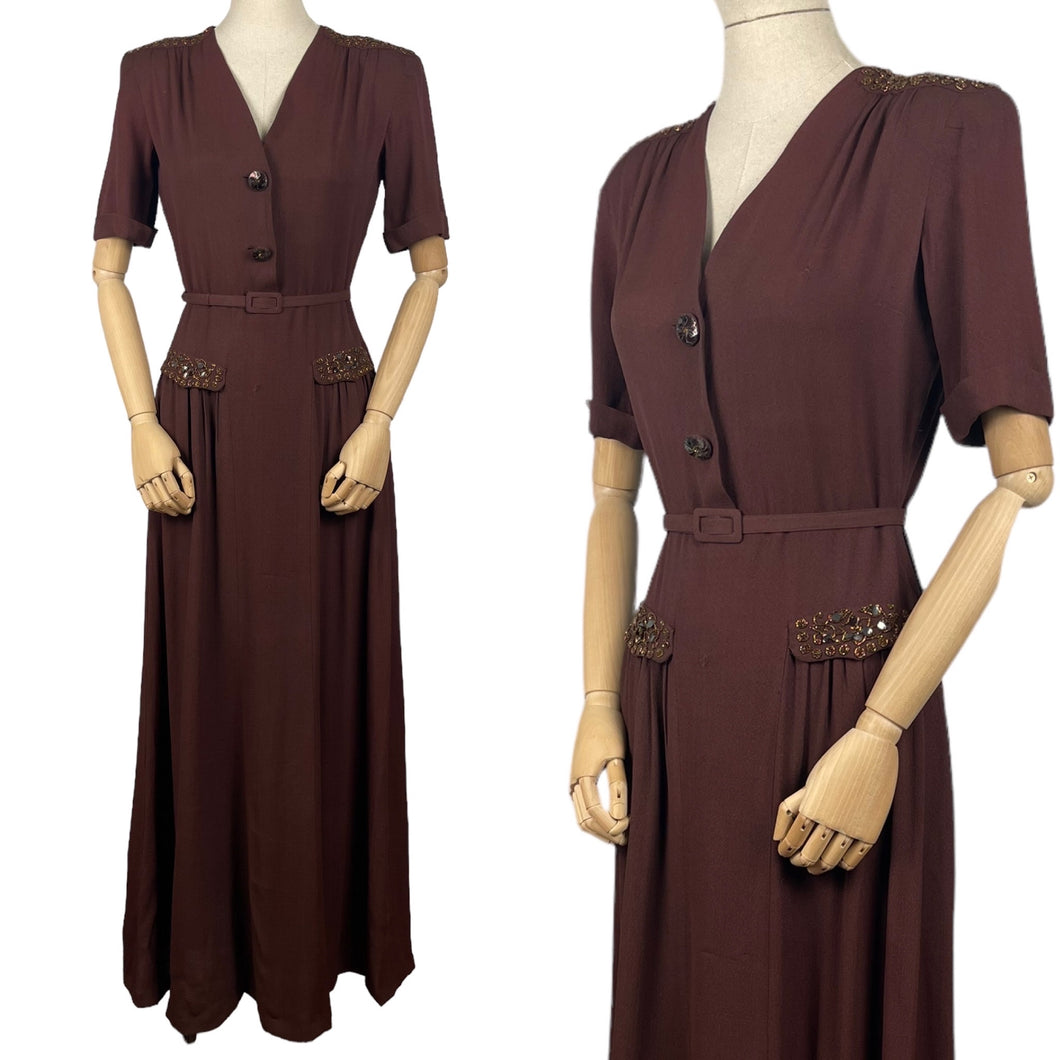 Original 1940's Chocolate Brown Crepe Full Length Belted Evening Dress with Bead and Sequin Trim - Bust 34