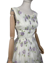 Load image into Gallery viewer, Original 1950&#39;s Cream, Purple and Green Nylon Full Skirted Dress - Bust
