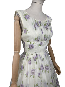 Original 1950's Cream, Purple and Green Nylon Full Skirted Dress - Bust