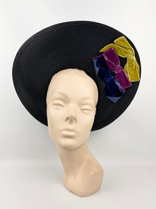 Utterly Exceptional American Made 1940s Black Straw Hat with Velvet Bow Trim in Purple, Ochre and Cerise