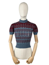 Load image into Gallery viewer, Reproduction 1940&#39;s Lace Striped Jumper in China Blue and Burgundy Red Wool - Bust 32 34
