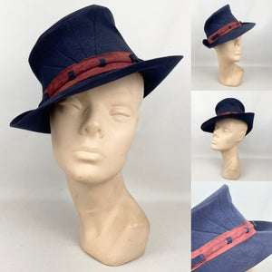 Original 1930’s 1940’s Blue Felt Tilt Fedora Hat with Pretty Rust Suede Trim *