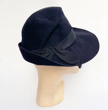 Load image into Gallery viewer, Original 1930&#39;s 1940&#39;s Dark Blue Wool Felt Fedora with Grosgrain Trim *
