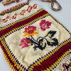 Antique Edwardian Crochet Drawstring Bag with Embroidered Floral Panels