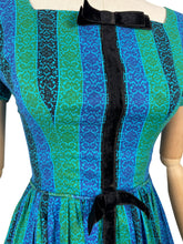 Load image into Gallery viewer, Original 1950's Teena Paige Black, Blue and Green Stripe Cotton Day Dress with Velvet Bow Trim - Bust 34 *

