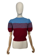 Load image into Gallery viewer, Reproduction 1940&#39;s Striped Jumper in Ruby Red and Niagra Blue with Full Puff Sleeves - Bust 34 36
