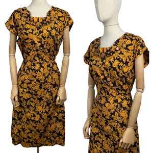 Original 1950’s Orange and Black Floral Cotton Wiggle Dress *