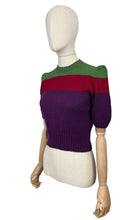 Load image into Gallery viewer, Reproduction 1940&#39;s Hand Knitted Three Colour Stripe Pure Wool Jumper in Green, Red and Purple - Bust 34 36
