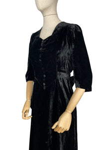 Original 1930’s Black Cotton Velvet Full Length Evening Dress with Bow Tie Belt - Bust 34 *