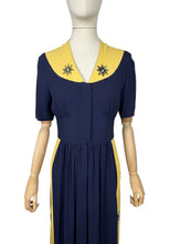 Load image into Gallery viewer, Stunning Original 1940's Navy and Butter Yellow Colour Block Crepe Dress with Floral Embroidery - Bust 34 35 *
