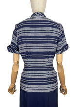 Load image into Gallery viewer, Original 1940's Navy Blue and Grey Linen Stripe Day Dress - Bust 36
