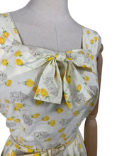Load image into Gallery viewer, Original 1950&#39;s Yellow, Green and Brown Novelty Print Sleeveless Belted Day Dress with Roses, Birds and Birdcage Print - Bust 38
