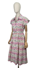 Load image into Gallery viewer, Original Late 1940&#39;s Ritchwear Floral Cotton Stripe Day Dress in White, Black, Pink, Yellow and Blue - Bust 37
