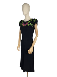 Original 1940's Ellen Kaye Original Black Crepe Cocktail Dress with Floral Sequin Detail in Pink and Green - Bust 32 34