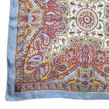 Load image into Gallery viewer, Original Large 1940's Blue Crepe Scarf with Paisley Design in Purple, Mustard, Red, Black and White - Great Headscarf *

