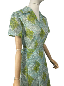 Original 1950's White, Blue, Green and Black Nylon Belted Day Dress - Bust 38 *