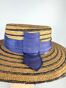 Original 1930's 1940's Blue Stripe Straw Hat with Floral Trim - Perfect Summer Hat *