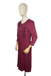 REPRODUCTION 1930's Burgundy Day Dress with Three Quarter Length Sleeves and Bow Detail on the Bodice - Bust 36