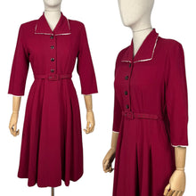 Load image into Gallery viewer, Original 1940’s Rich Red Wool Belted Day Dress with White Trim - Bust 34 36
