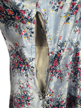 Load image into Gallery viewer, Original 1950&#39;s Floppy Blue Cotton Day Dress with Floral Sprays in Red, Yellow and White - Bust 38 40
