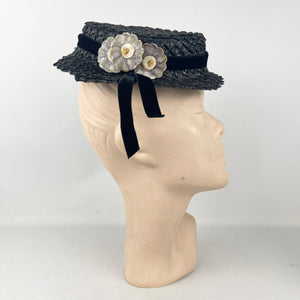 Original 1940’s Black Straw Tilt Topper Hat with Pretty Floral Trim