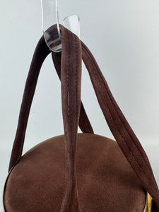 Original 1940's Chocolate Brown Suede Bag with Gold-tone Frame and Clasp