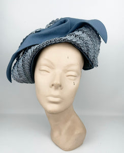 Exceptionally Beautiful Original 1930's Blue Felt Hat with Straw Trim and Seaming Detail