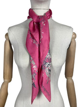 Load image into Gallery viewer, Original 1940's 1950’s Jacqmar Pure Silk Scarf with Pretty Floral Print in Grey and White on a Bright Pink Base
