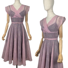 Load image into Gallery viewer, Original 1950's Pink Belted Nylon Day Dress with Floral Flock Print - Bust 34 36 *
