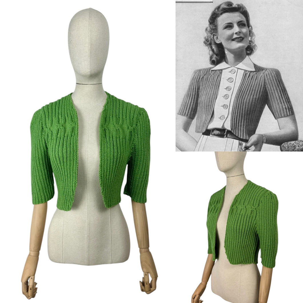 1940's Reproduction Hand Knitted Bolero in Leaf Green Acrylic - Bust 36 38 40 42