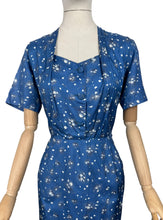 Load image into Gallery viewer, Original 1950's Blue Silk Wiggle Dress with Floral Print in White and Black - Bust 36 *
