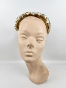 Original 1950's Ice Blue and Ivory Lacquered Raffia Half Hat with Petal Trim and Velvet Bow