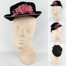 Load image into Gallery viewer, Original Late 1930&#39;s or Early 1940&#39;s Pink and Black Straw Topper Hat with Floral Trim
