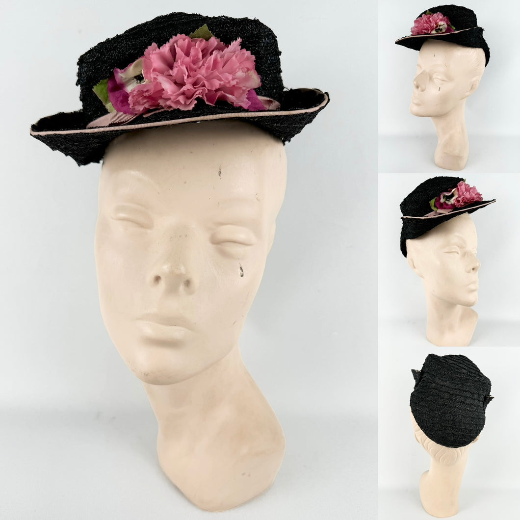 Original Late 1930's or Early 1940's Pink and Black Straw Topper Hat with Floral Trim